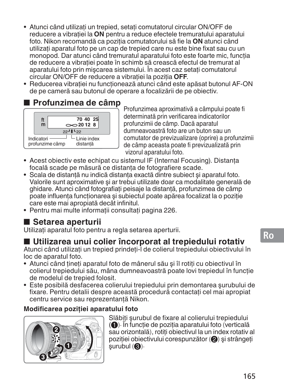 Profunzimea de câmp, Setarea aperturii | Nikon AF-S VR II 200mm f-2G ED User Manual | Page 165 / 228