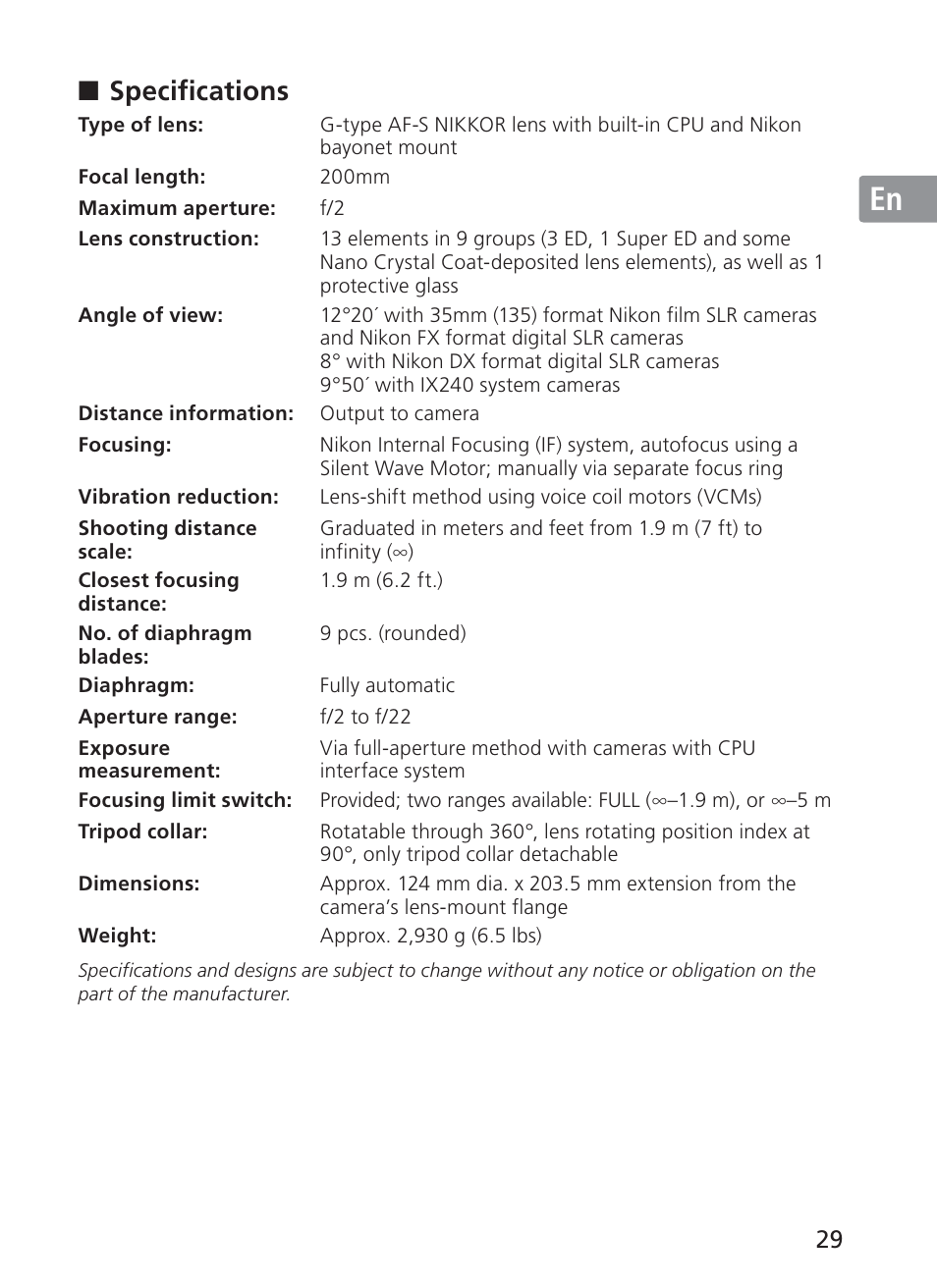 Jp en de fr es se ru nl it ck ch kr, Specifications | Nikon AF-S VR II 200mm f-2G ED User Manual | Page 29 / 228