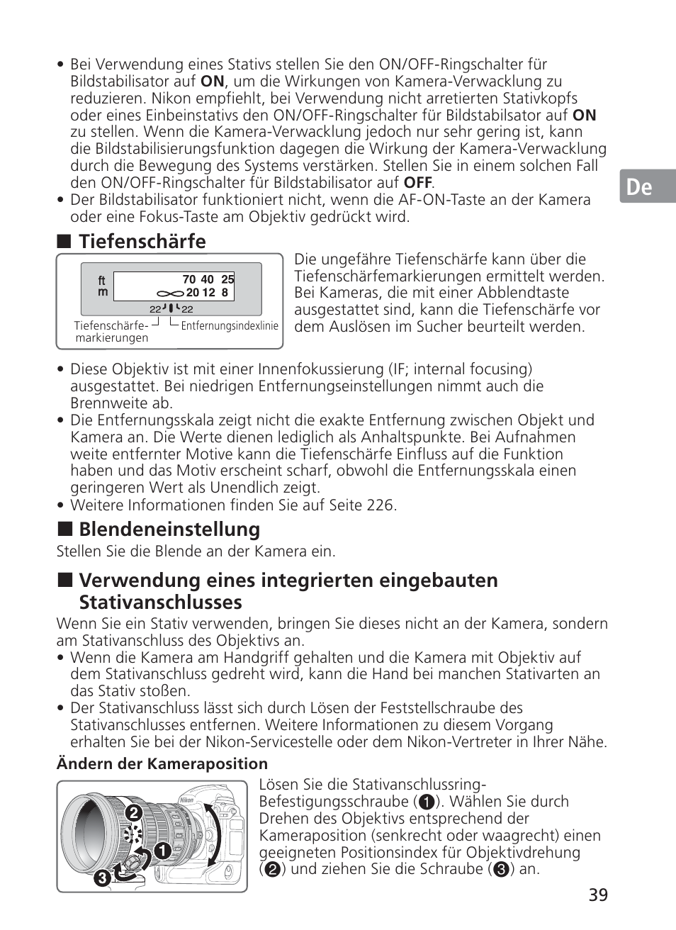 Jp en de fr es se ru nl it ck ch kr, Tiefenschärfe, Blendeneinstellung | Nikon AF-S VR II 200mm f-2G ED User Manual | Page 39 / 228