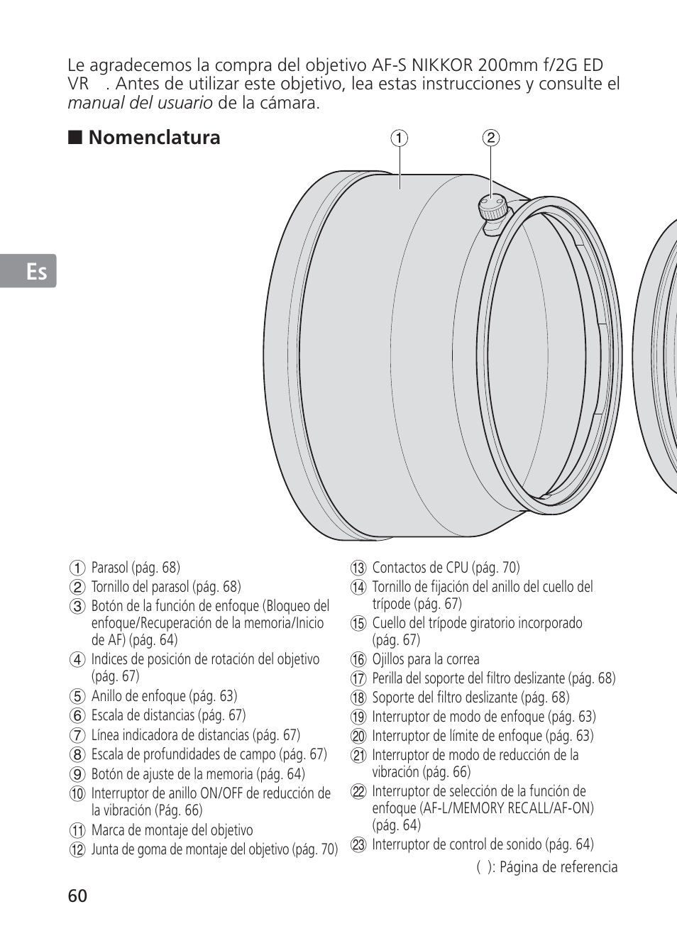 Jp en de fr es se ru nl it ck ch kr, Nomenclatura | Nikon AF-S VR II 200mm f-2G ED User Manual | Page 60 / 228