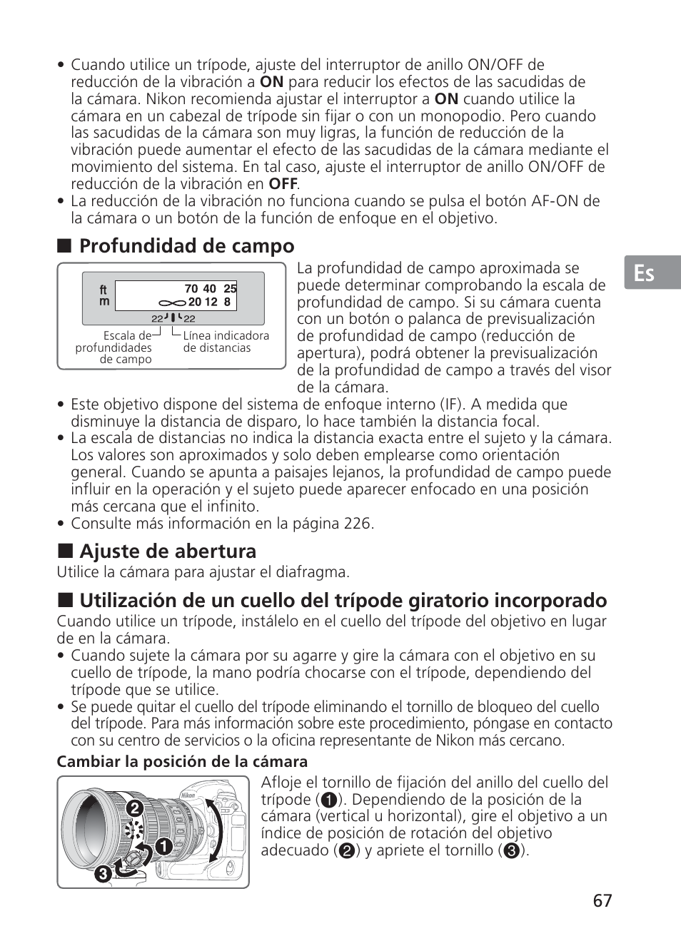 Jp en de fr es se ru nl it ck ch kr, Profundidad de campo, Ajuste de abertura | Nikon AF-S VR II 200mm f-2G ED User Manual | Page 67 / 228