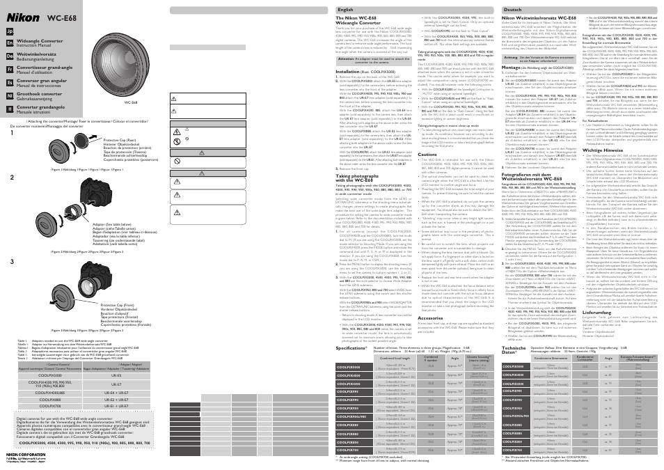 Nikon WC-E68 Wide-Angle Converter Lens User Manual | 2 pages