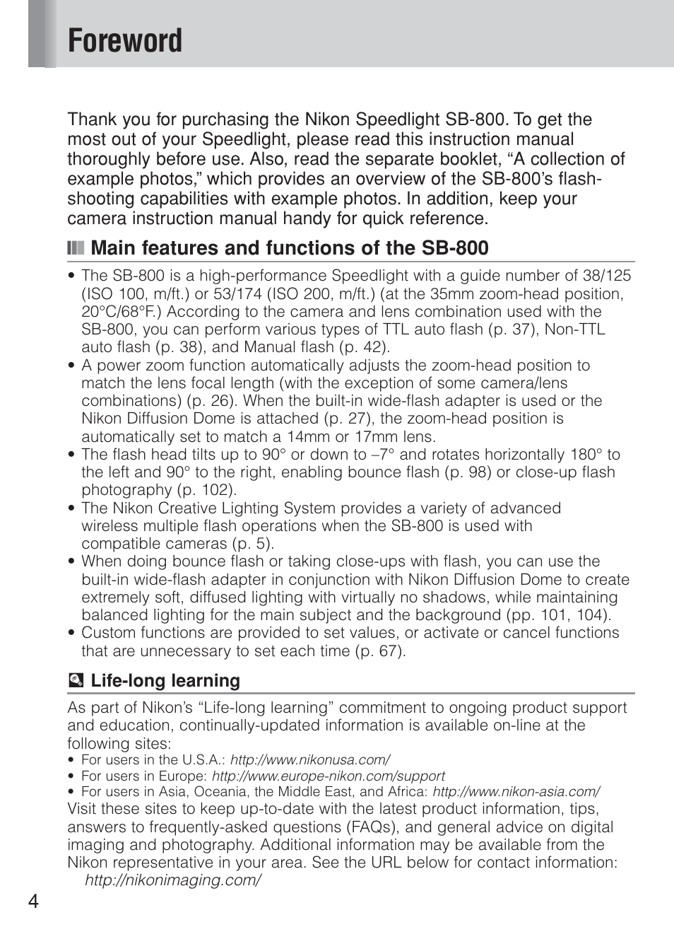 Foreword, Main features and functions of the sb-800 | Nikon Speedlite SB-800 User Manual | Page 10 / 132