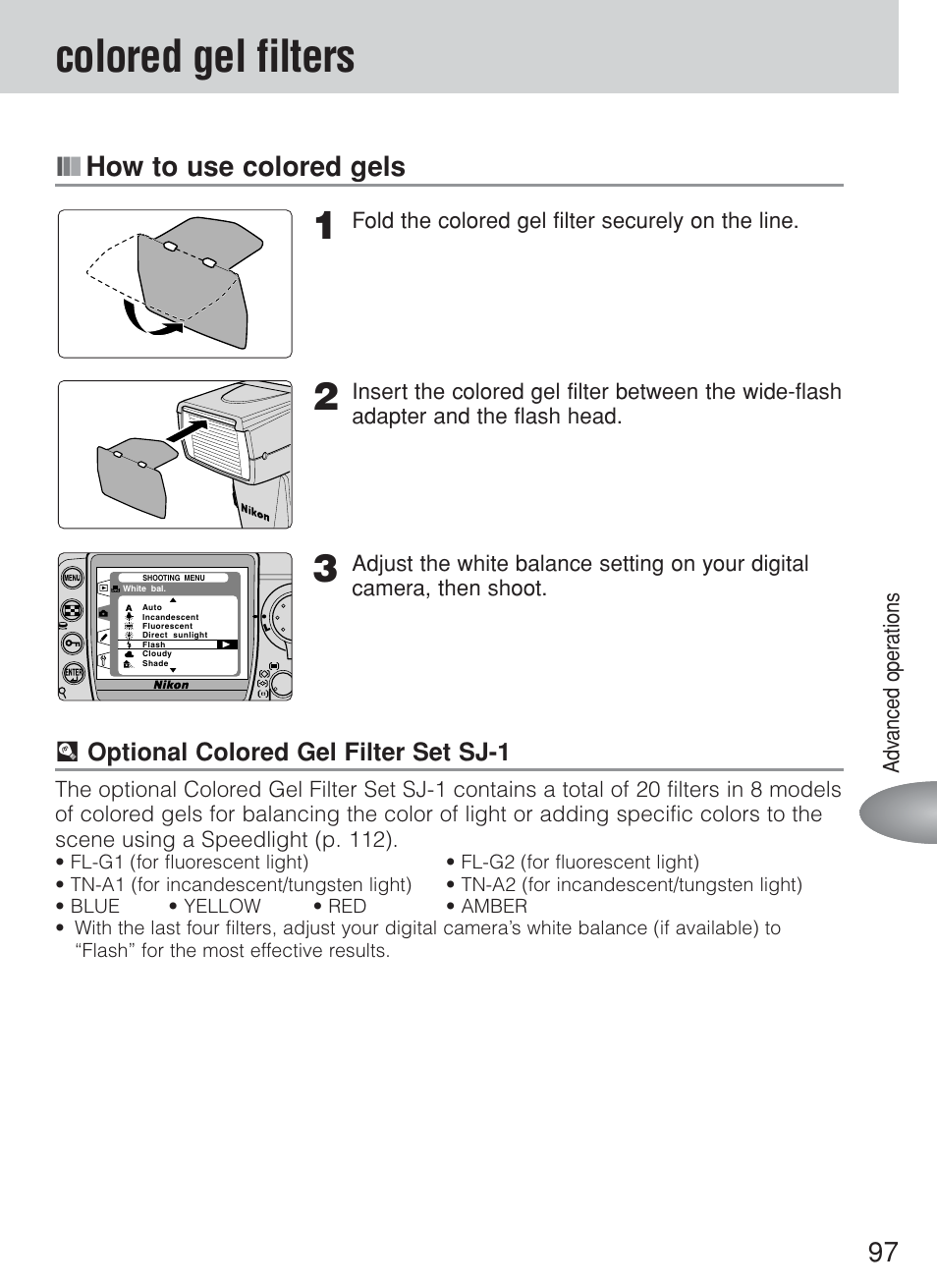 Colored gel filters, How to use colored gels | Nikon Speedlite SB-800 User Manual | Page 103 / 132