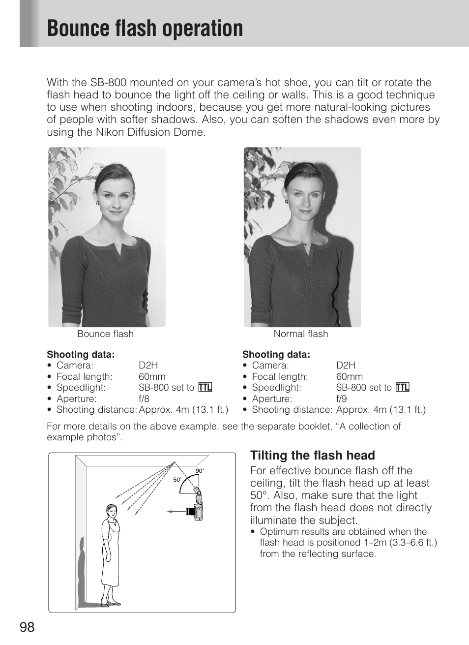 Bounce flash operation, Tilting the flash head | Nikon Speedlite SB-800 User Manual | Page 104 / 132