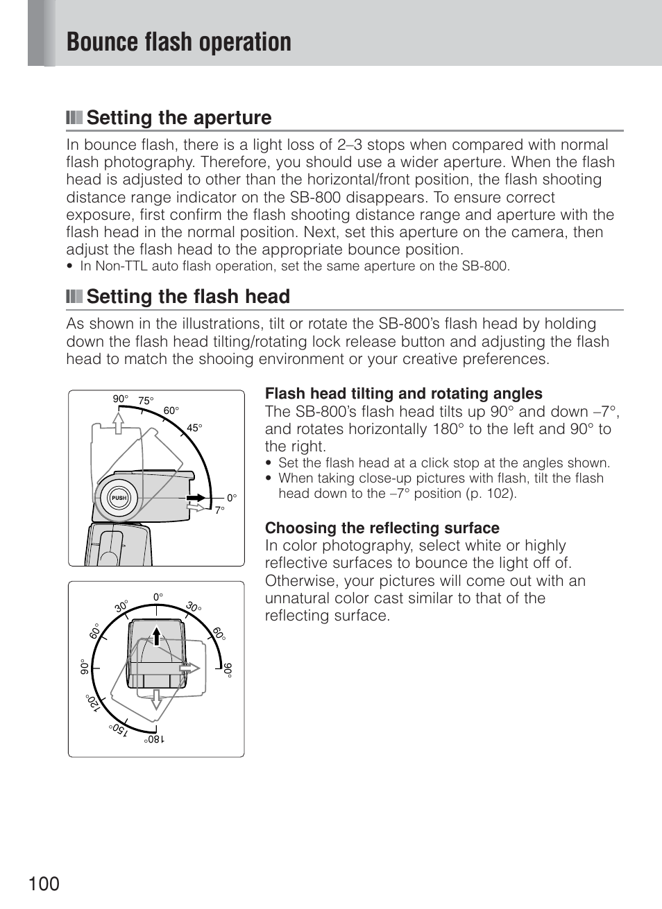 Bounce flash operation, Setting the aperture, Setting the flash head | Nikon Speedlite SB-800 User Manual | Page 106 / 132