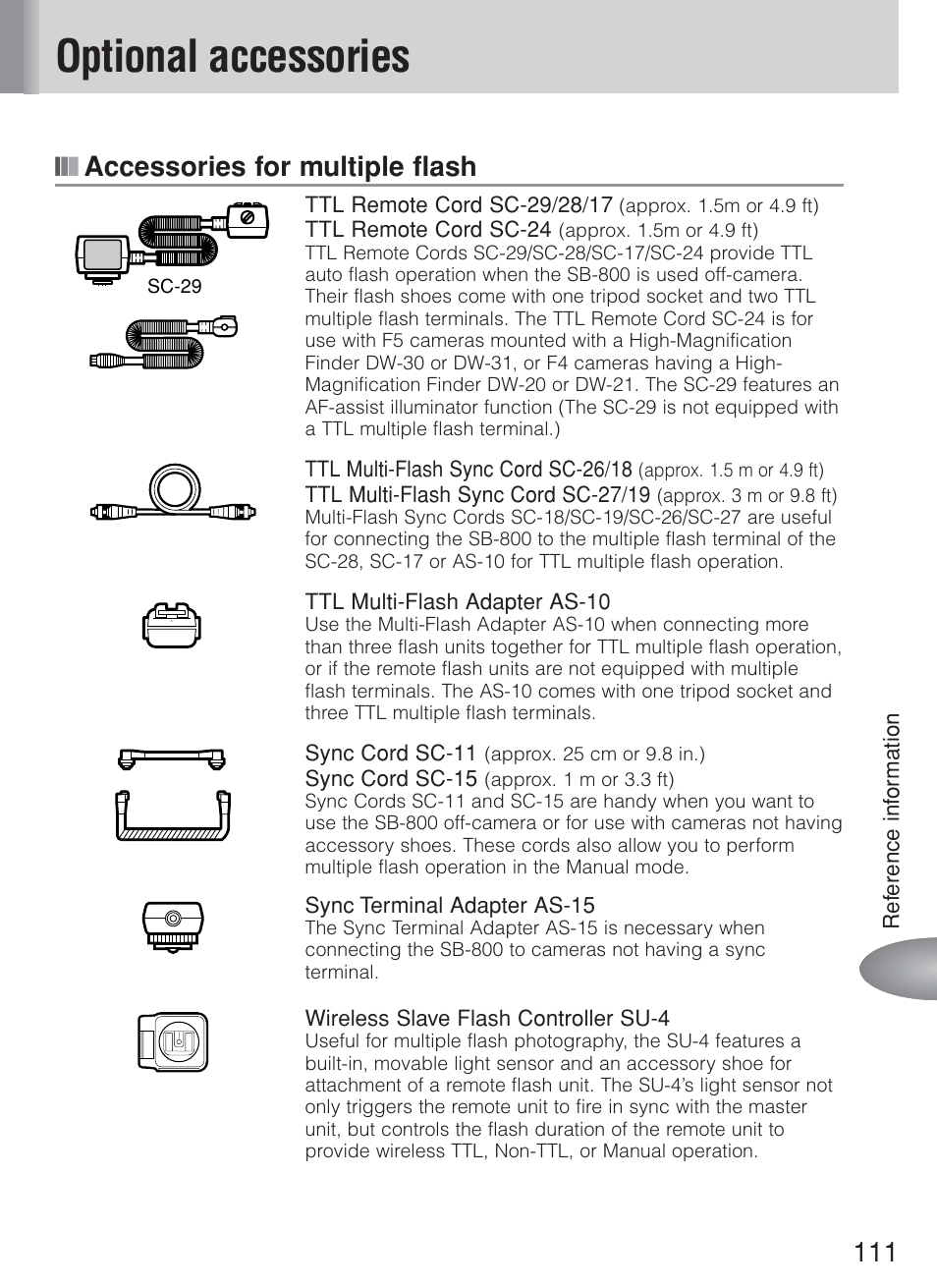 Optional accessories, Accessories for multiple flash | Nikon Speedlite SB-800 User Manual | Page 117 / 132