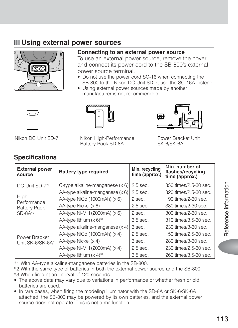 Using external power sources, Specifications | Nikon Speedlite SB-800 User Manual | Page 119 / 132