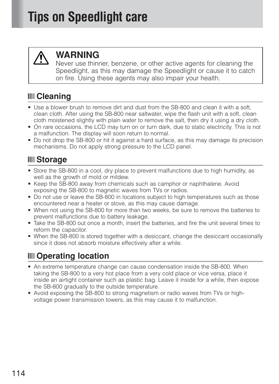 Tips on speedlight care, Warning, Cleaning | Storage, Operating location | Nikon Speedlite SB-800 User Manual | Page 120 / 132