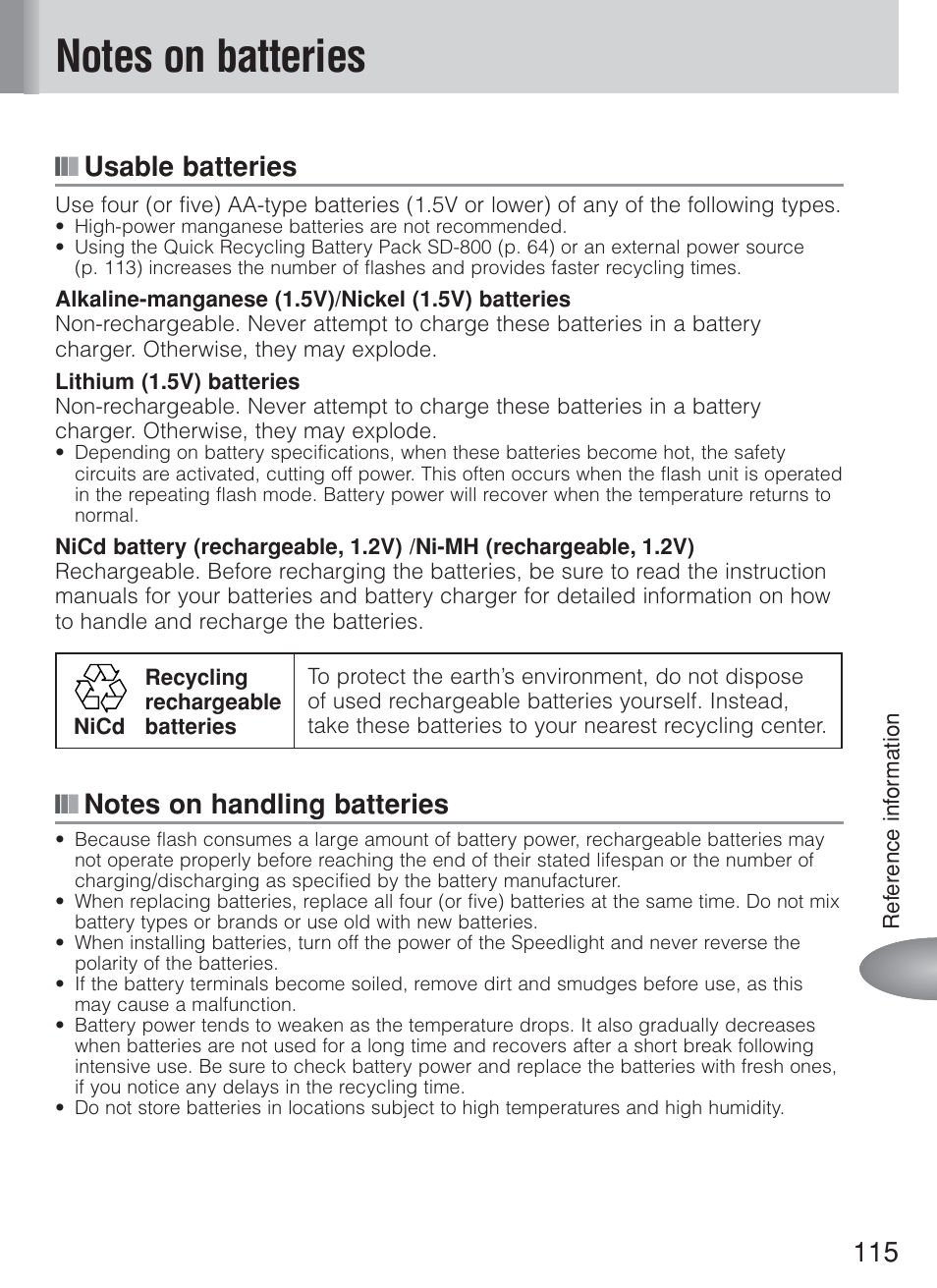 Usable batteries | Nikon Speedlite SB-800 User Manual | Page 121 / 132