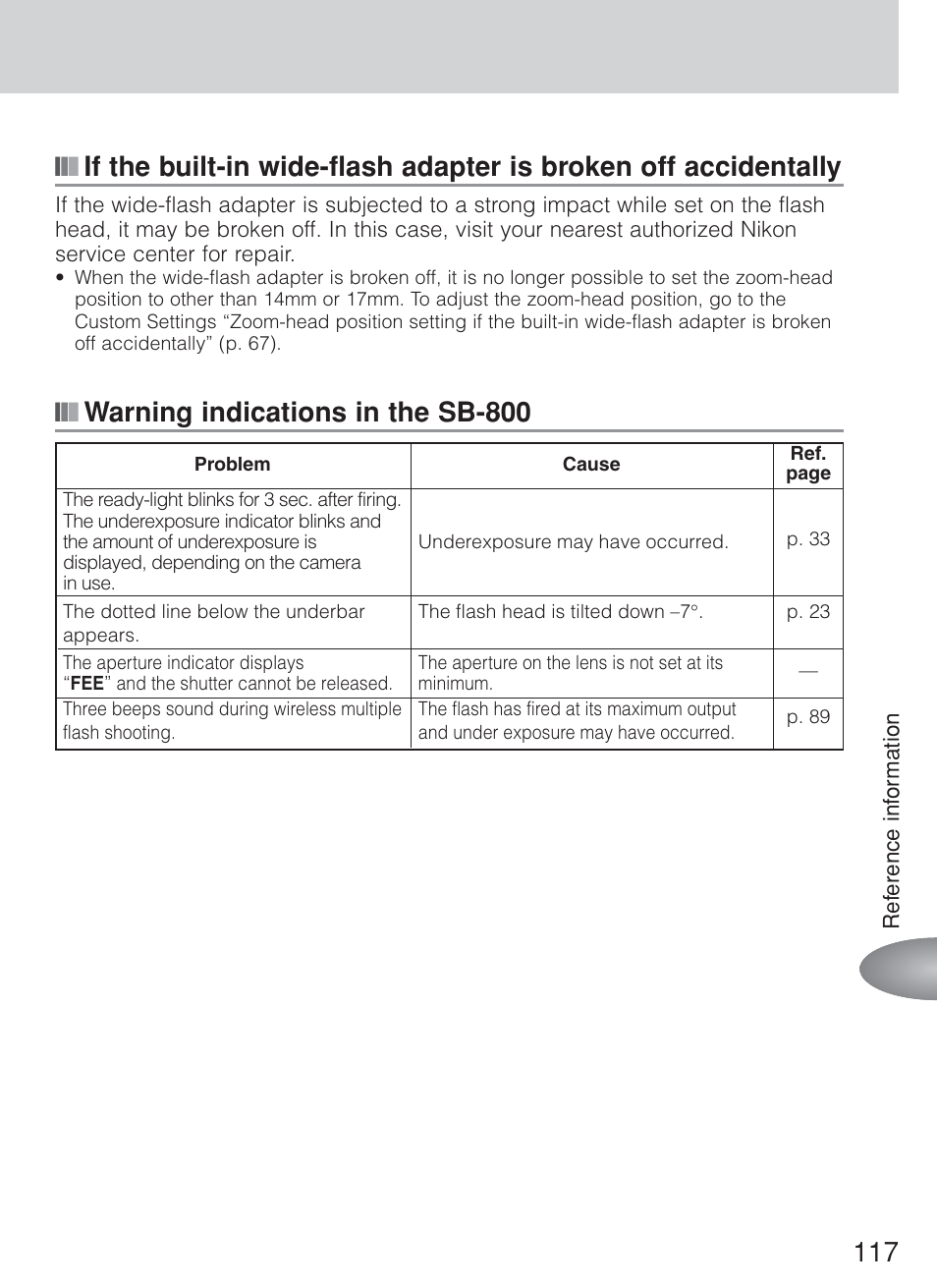 Warning indications in the sb-800 | Nikon Speedlite SB-800 User Manual | Page 123 / 132