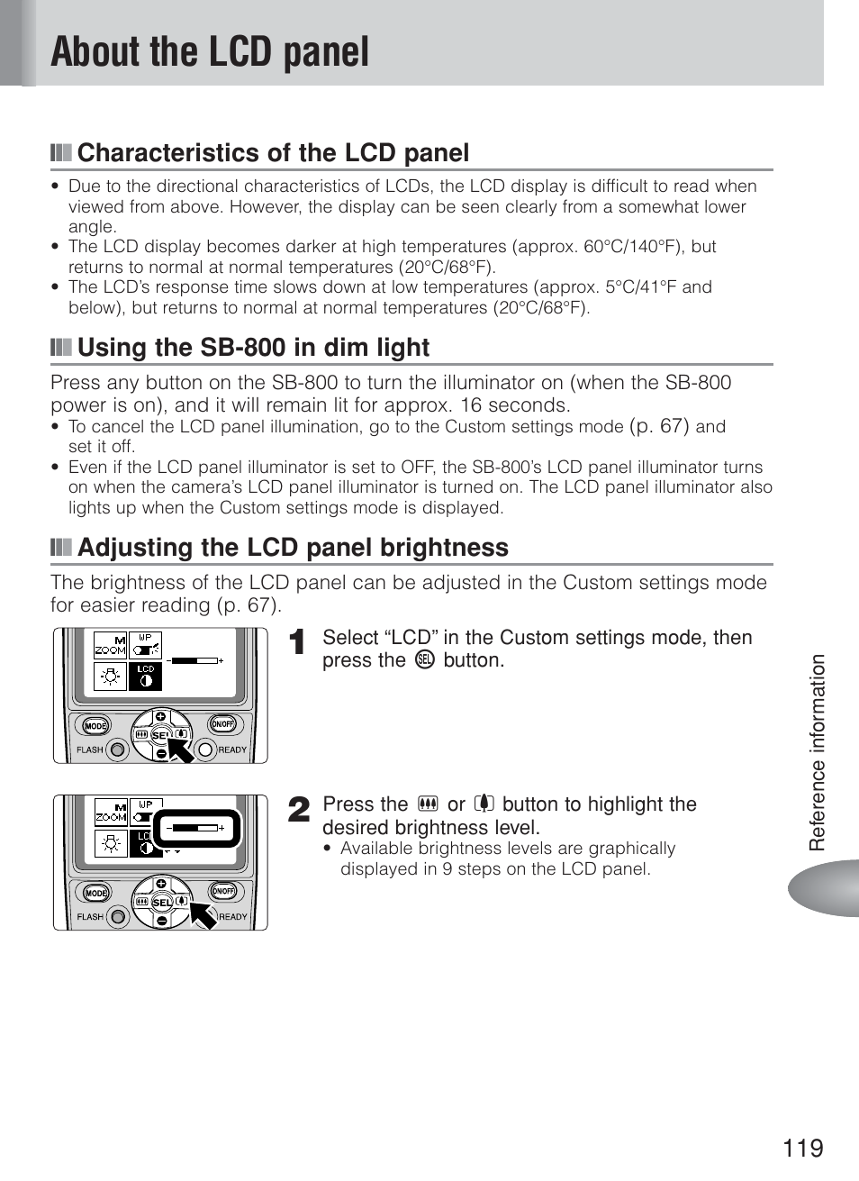 About the lcd panel, Characteristics of the lcd panel, Using the sb-800 in dim light | Adjusting the lcd panel brightness | Nikon Speedlite SB-800 User Manual | Page 125 / 132