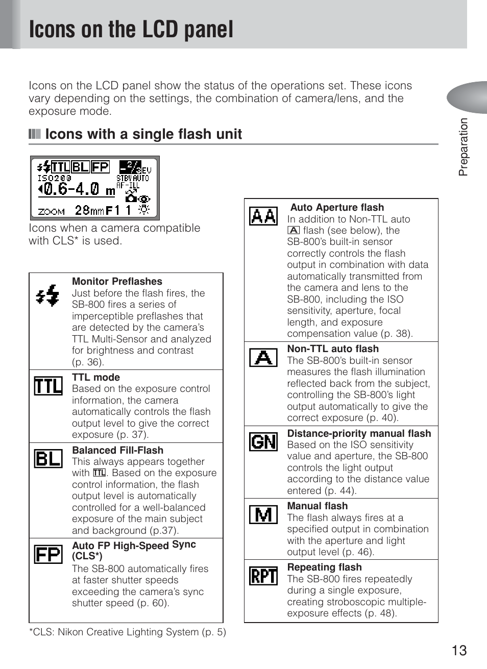 Icons on the lcd panel, Icons with a single flash unit | Nikon Speedlite SB-800 User Manual | Page 19 / 132