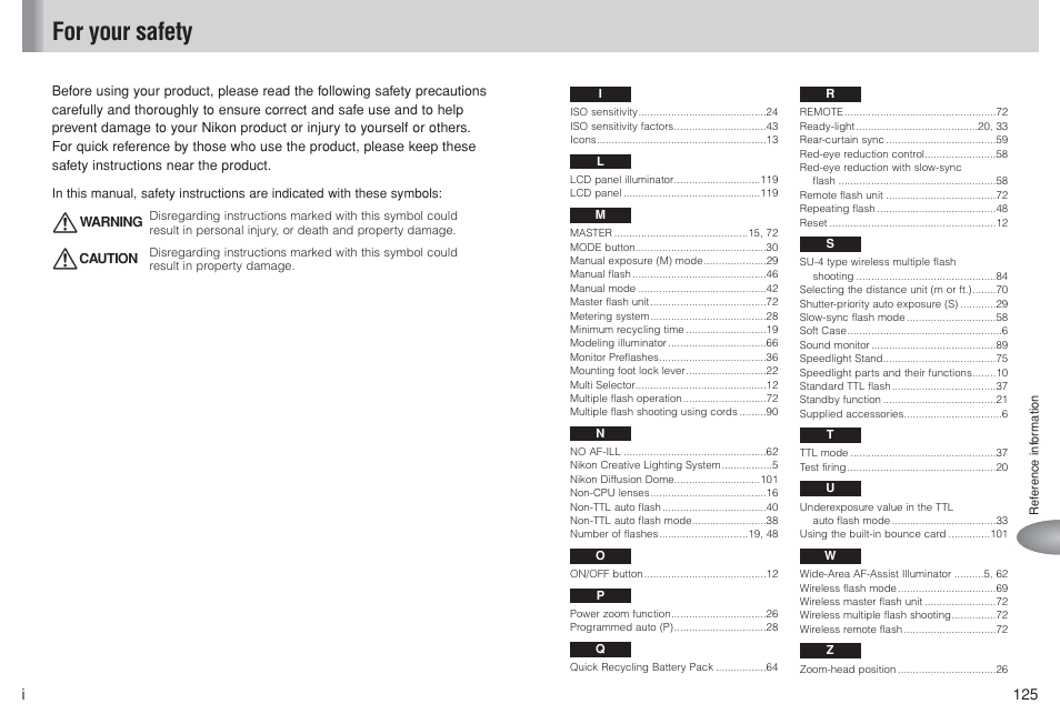 For your safety, I125 | Nikon Speedlite SB-800 User Manual | Page 2 / 132