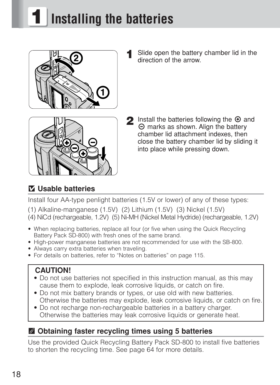 Installing the batteries | Nikon Speedlite SB-800 User Manual | Page 24 / 132