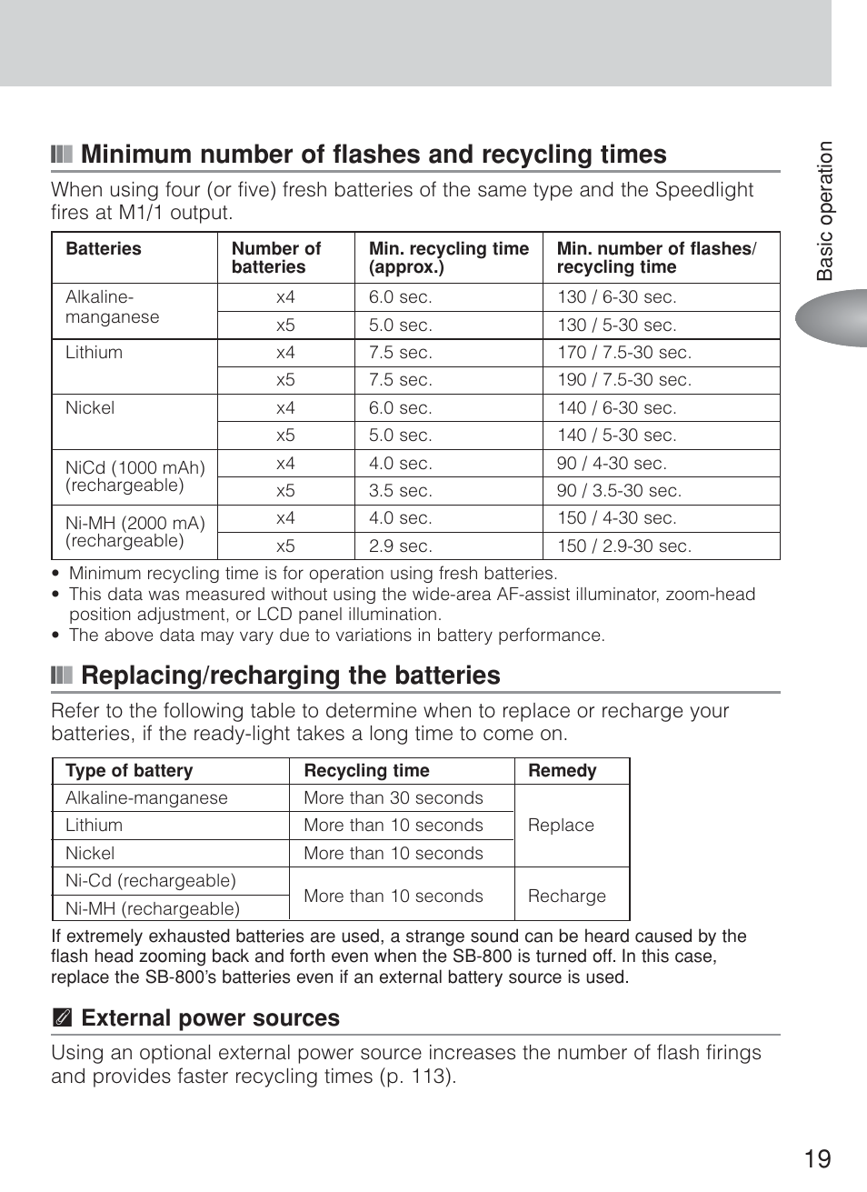 Replacing/recharging the batteries, T external power sources | Nikon Speedlite SB-800 User Manual | Page 25 / 132