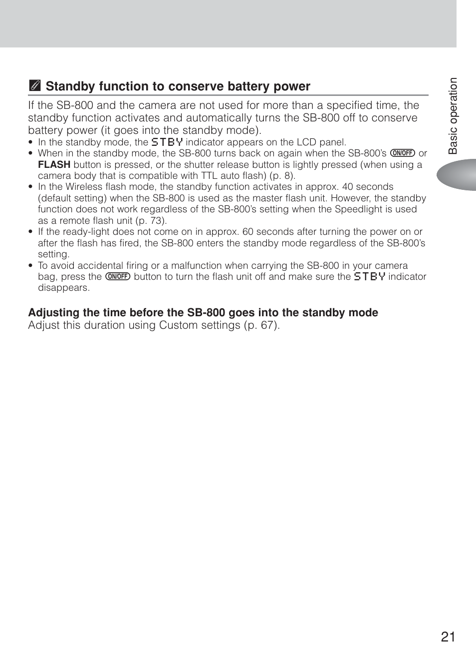 21 t, Standby function to conserve battery power | Nikon Speedlite SB-800 User Manual | Page 27 / 132