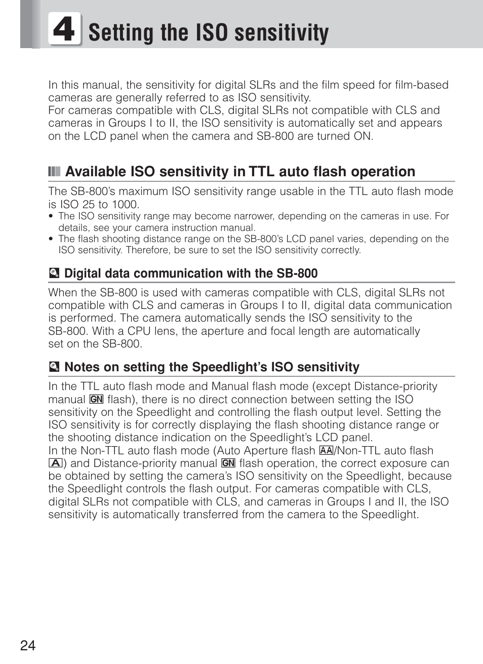 Setting the iso sensitivity | Nikon Speedlite SB-800 User Manual | Page 30 / 132