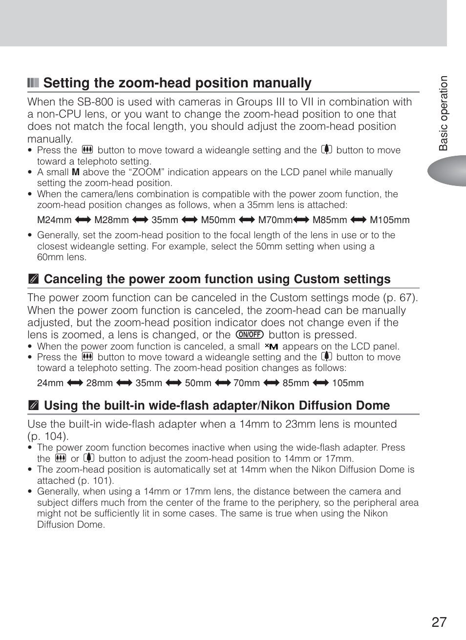 27 ■ ■ ■ setting the zoom-head position manually | Nikon Speedlite SB-800 User Manual | Page 33 / 132