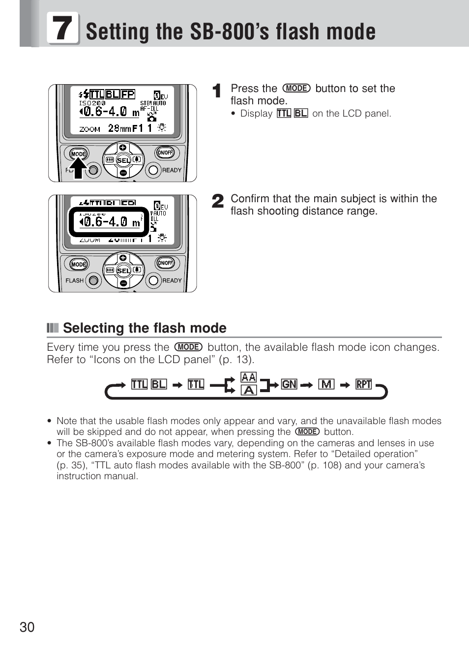 Setting the sb-800’s flash mode, Selecting the flash mode | Nikon Speedlite SB-800 User Manual | Page 36 / 132