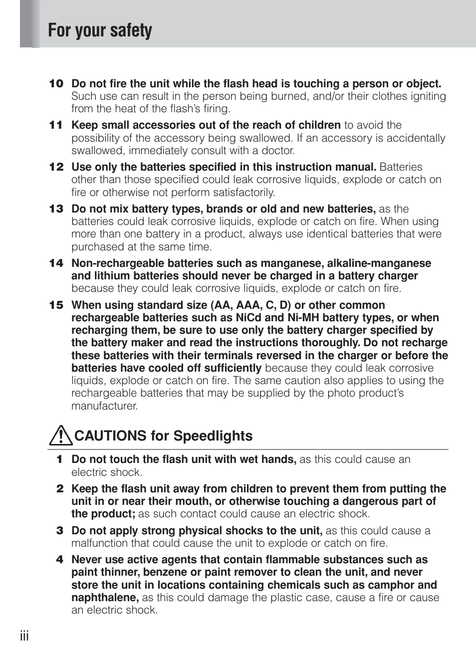 For your safety, Cautions for speedlights | Nikon Speedlite SB-800 User Manual | Page 4 / 132