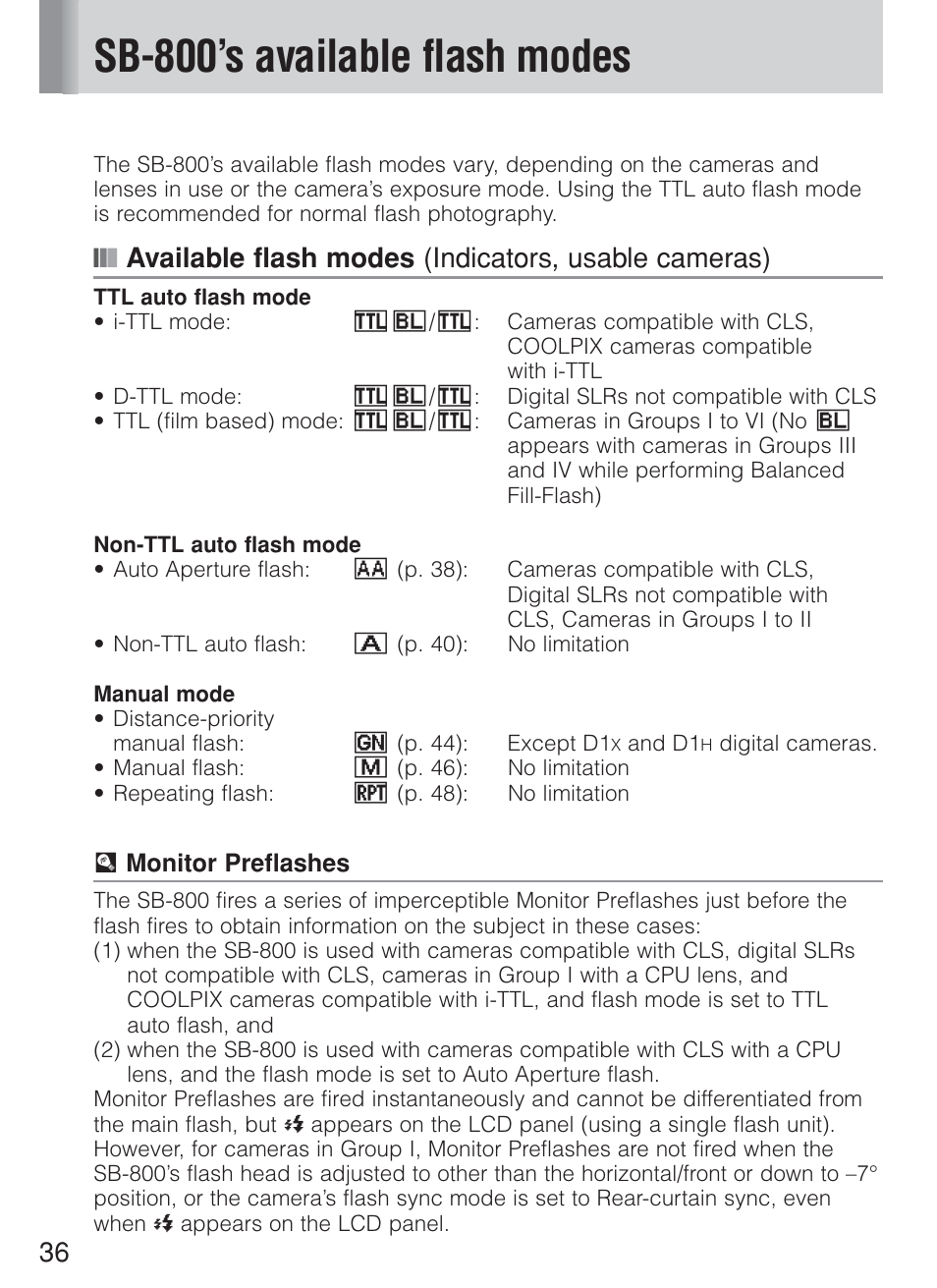 Sb-800’s available flash modes, Available flash modes (indicators, usable cameras) | Nikon Speedlite SB-800 User Manual | Page 42 / 132