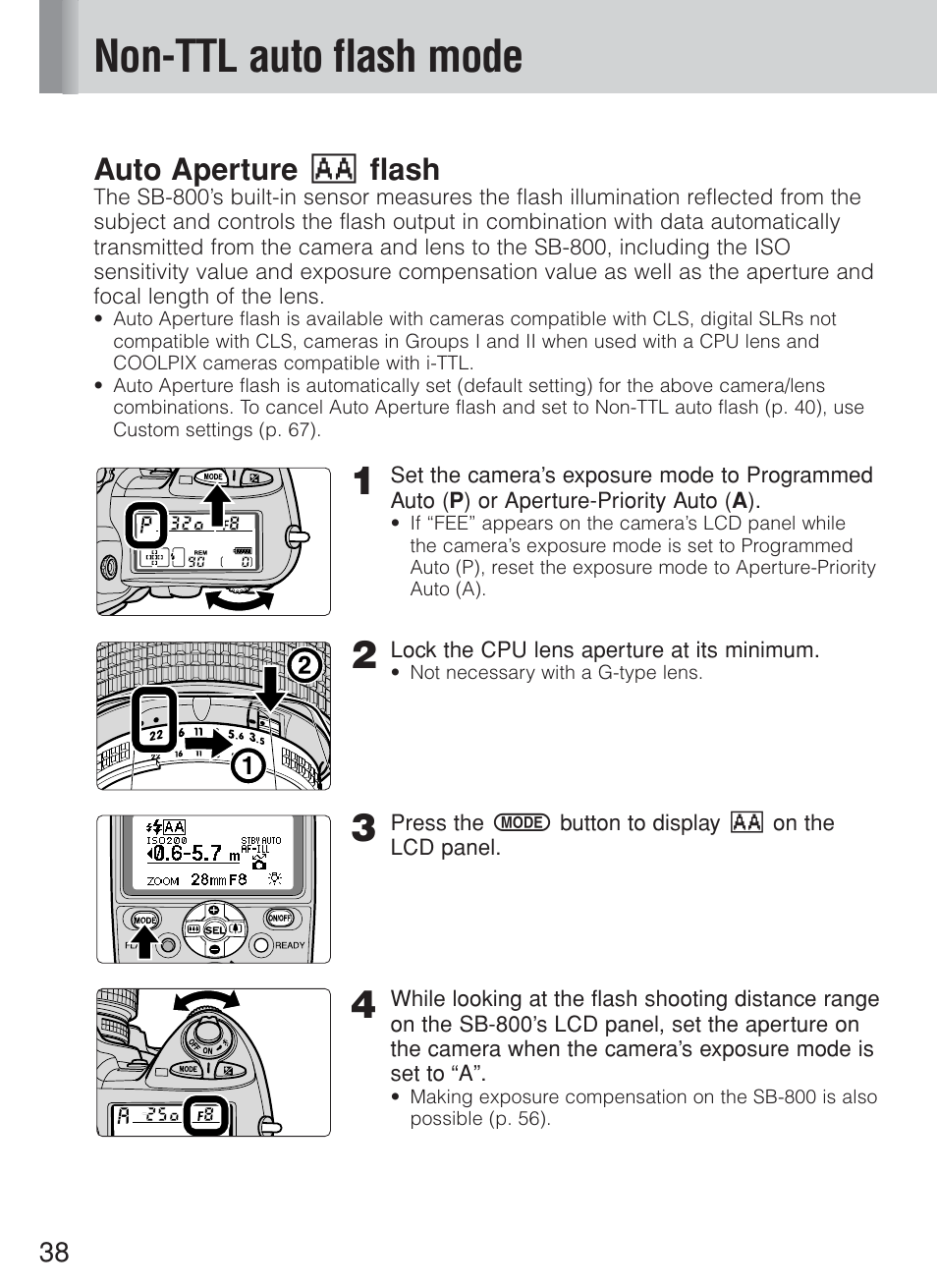 Non-ttl auto flash mode, Auto aperture b flash | Nikon Speedlite SB-800 User Manual | Page 44 / 132