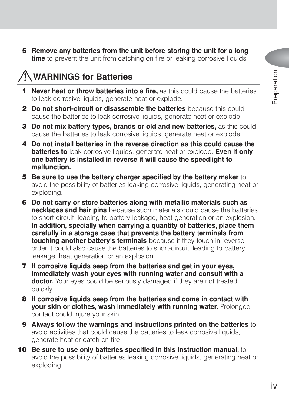 Warnings for batteries | Nikon Speedlite SB-800 User Manual | Page 5 / 132