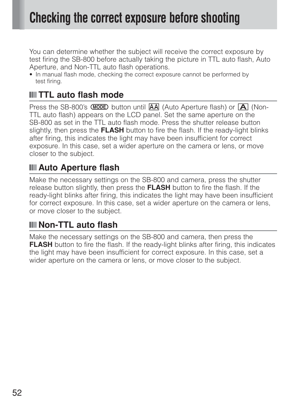 Checking the correct exposure before shooting | Nikon Speedlite SB-800 User Manual | Page 58 / 132