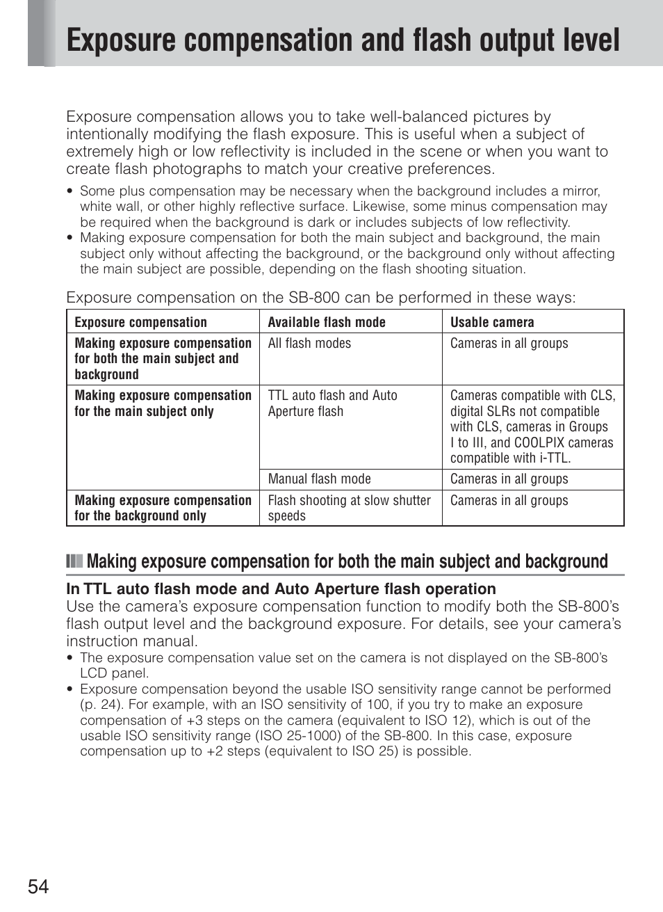 Exposure compensation and flash output level | Nikon Speedlite SB-800 User Manual | Page 60 / 132