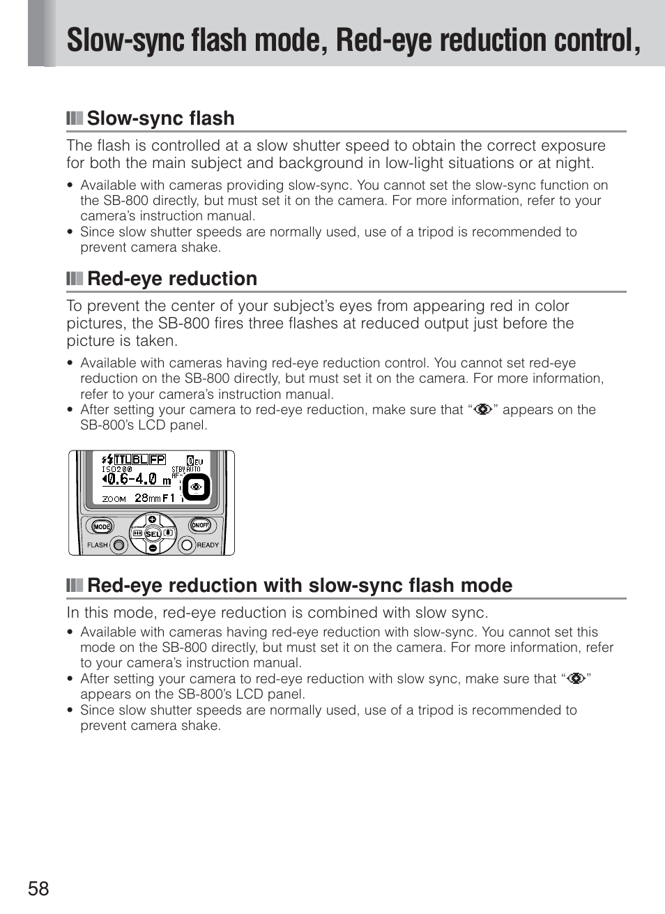 Slow-sync flash mode, red-eye reduction control, Slow-sync flash, Red-eye reduction | Red-eye reduction with slow-sync flash mode | Nikon Speedlite SB-800 User Manual | Page 64 / 132