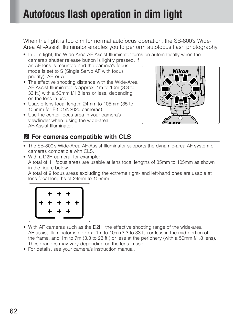 Autofocus flash operation in dim light, T for cameras compatible with cls | Nikon Speedlite SB-800 User Manual | Page 68 / 132