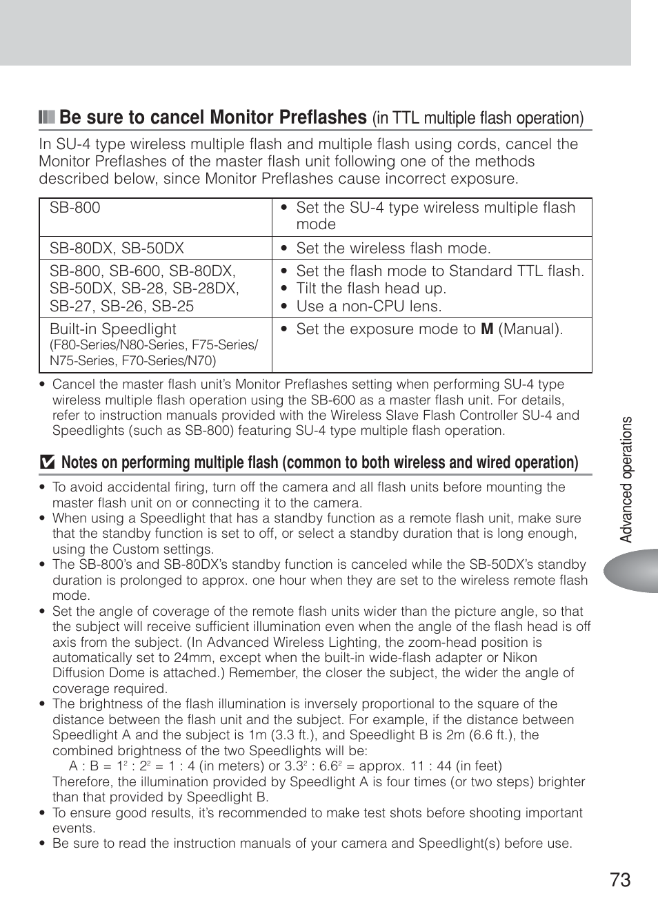 73 ■ ■ ■ be sure to cancel monitor preflashes | Nikon Speedlite SB-800 User Manual | Page 79 / 132