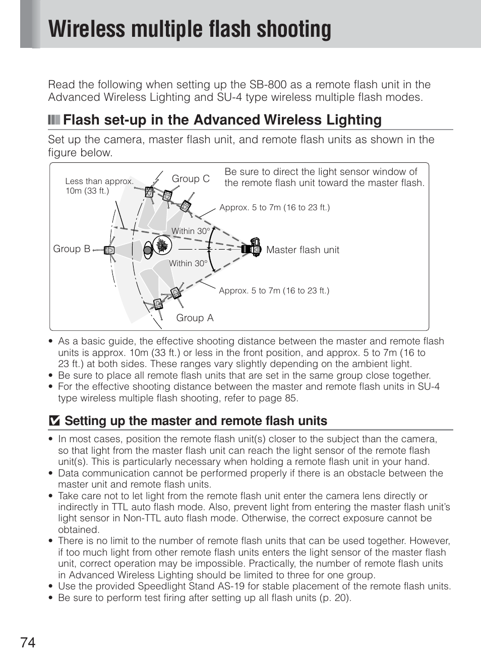 Wireless multiple flash shooting, Flash set-up in the advanced wireless lighting, V setting up the master and remote flash units | Nikon Speedlite SB-800 User Manual | Page 80 / 132