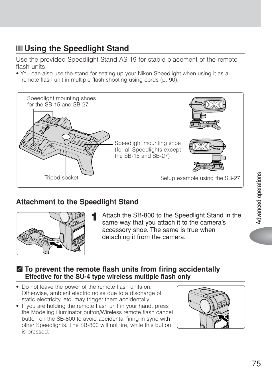 75 ■ ■ ■ using the speedlight stand, Attachment to the speedlight stand | Nikon Speedlite SB-800 User Manual | Page 81 / 132
