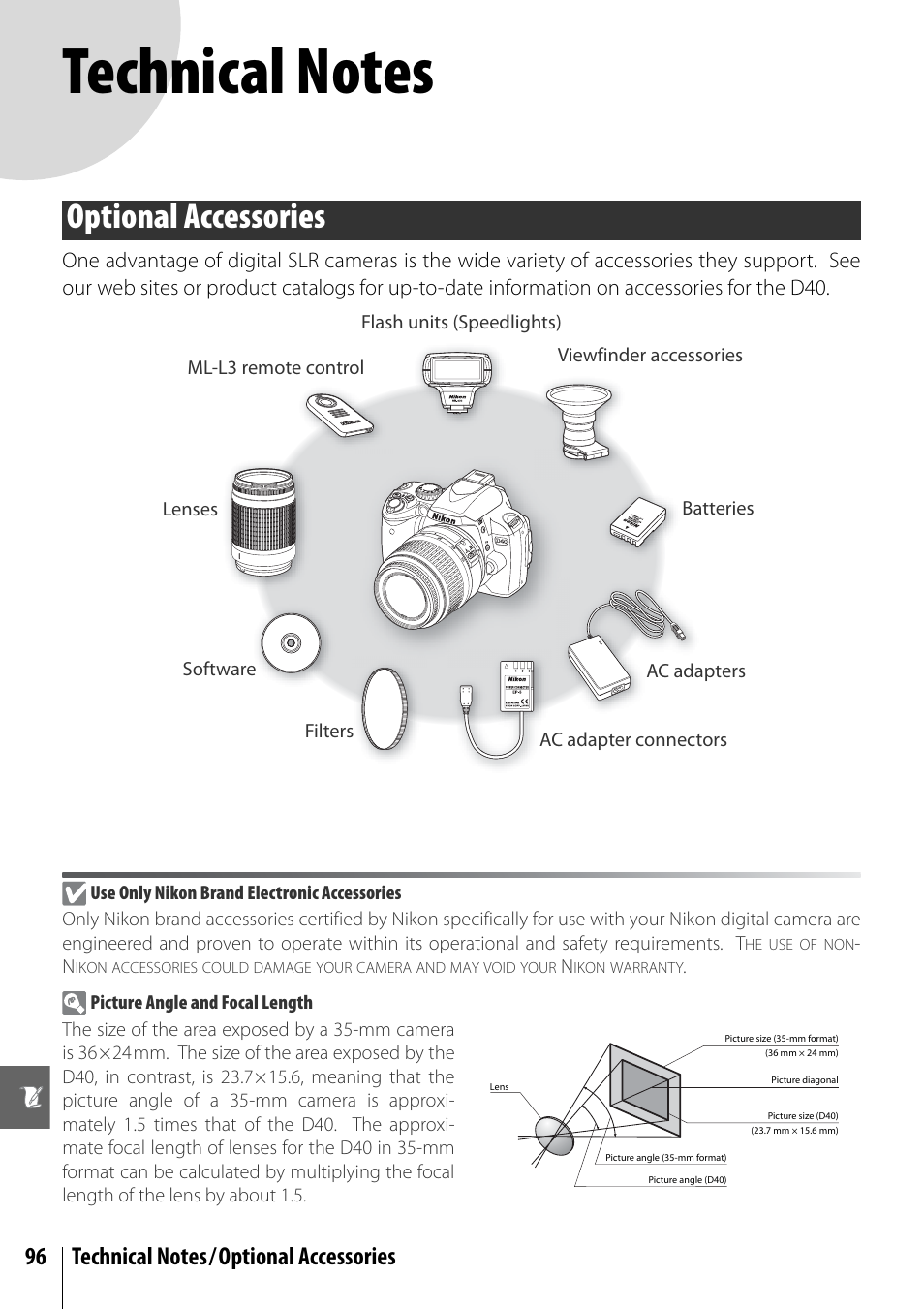 Technical notes, Optional accessories | Nikon D40 User Manual | Page 108 / 139