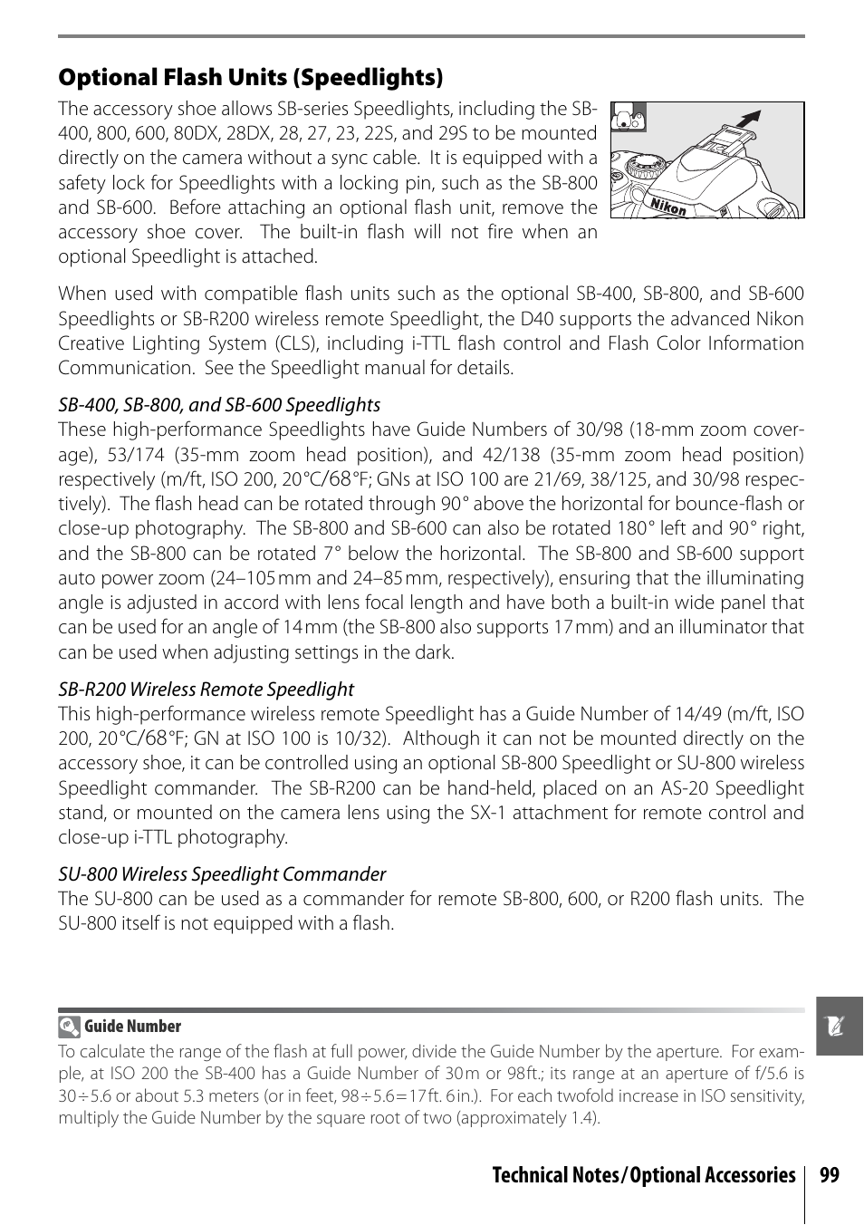 Optional flash units (speedlights) | Nikon D40 User Manual | Page 111 / 139