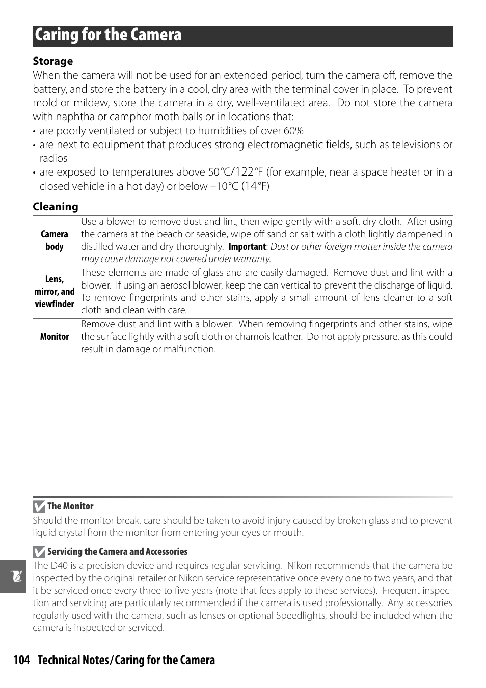 Caring for the camera | Nikon D40 User Manual | Page 116 / 139