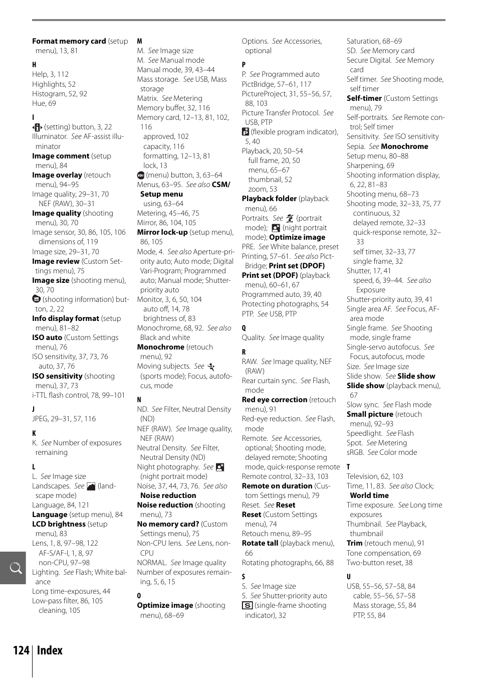 124 index | Nikon D40 User Manual | Page 136 / 139