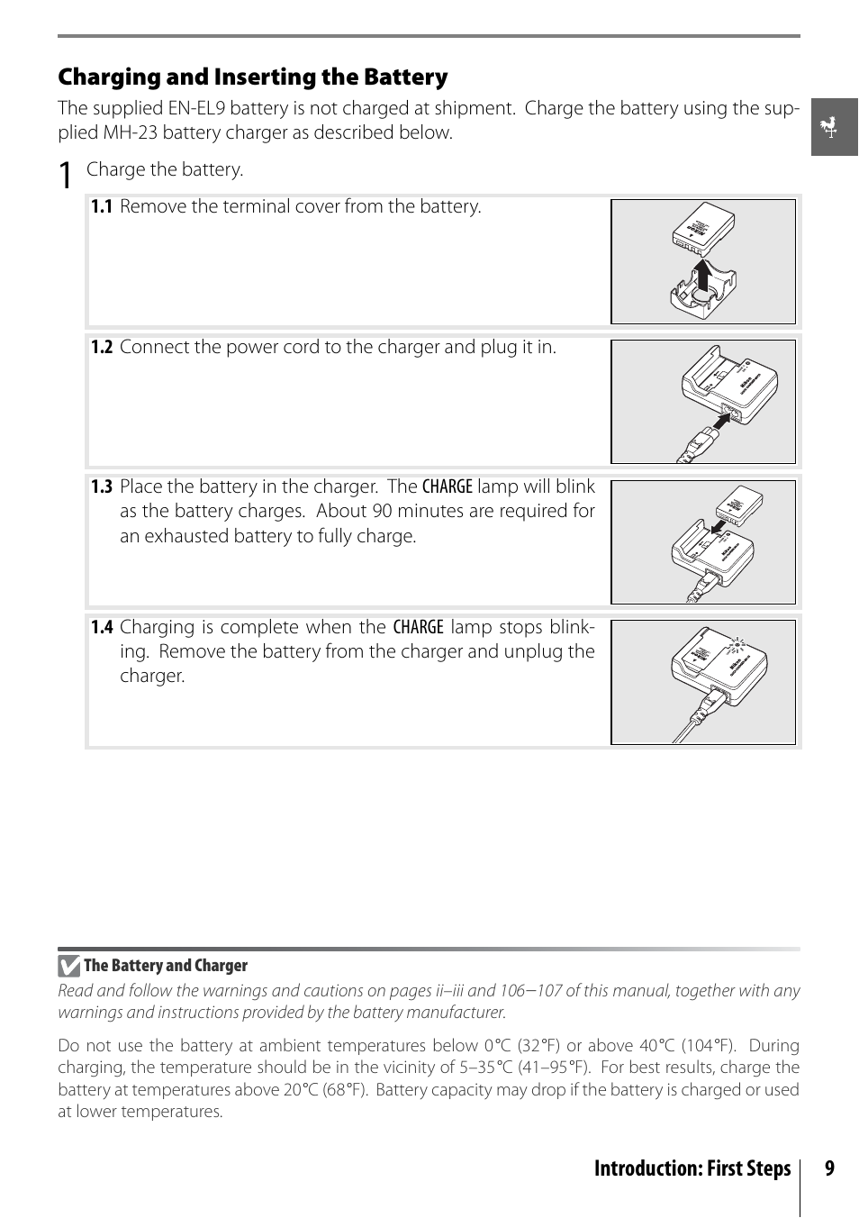 Charging and inserting the battery, Introduction: first steps 9 | Nikon D40 User Manual | Page 21 / 139