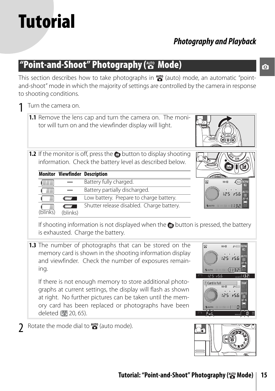 Tutorial, Point-and-shoot” photography (auto mode), Point-and-shoot” photography ( mode) | Photography and playback | Nikon D40 User Manual | Page 27 / 139