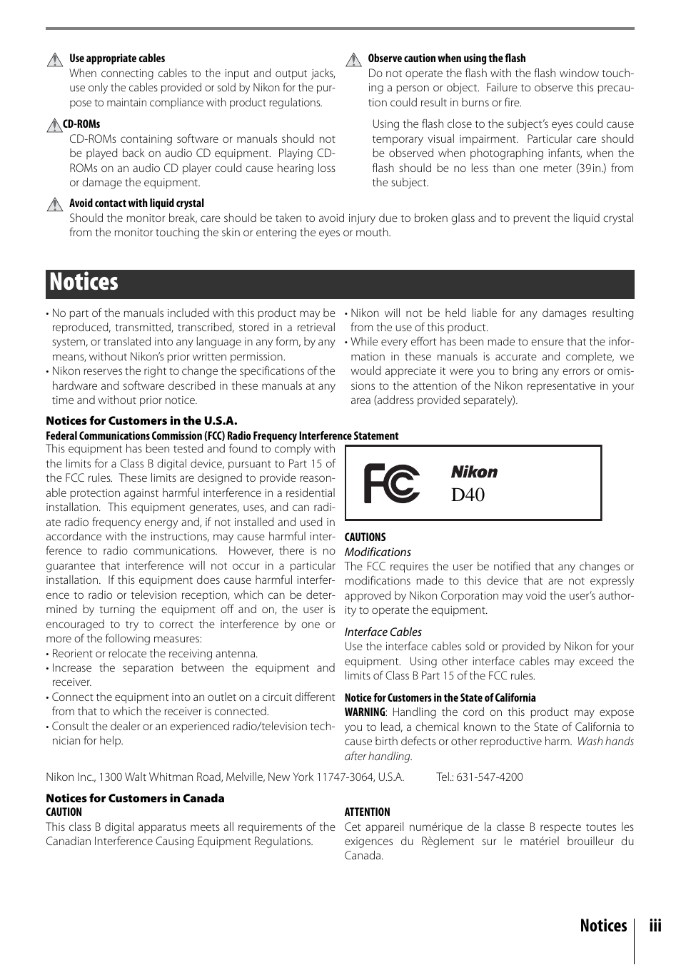 Notices, Notices iii | Nikon D40 User Manual | Page 5 / 139