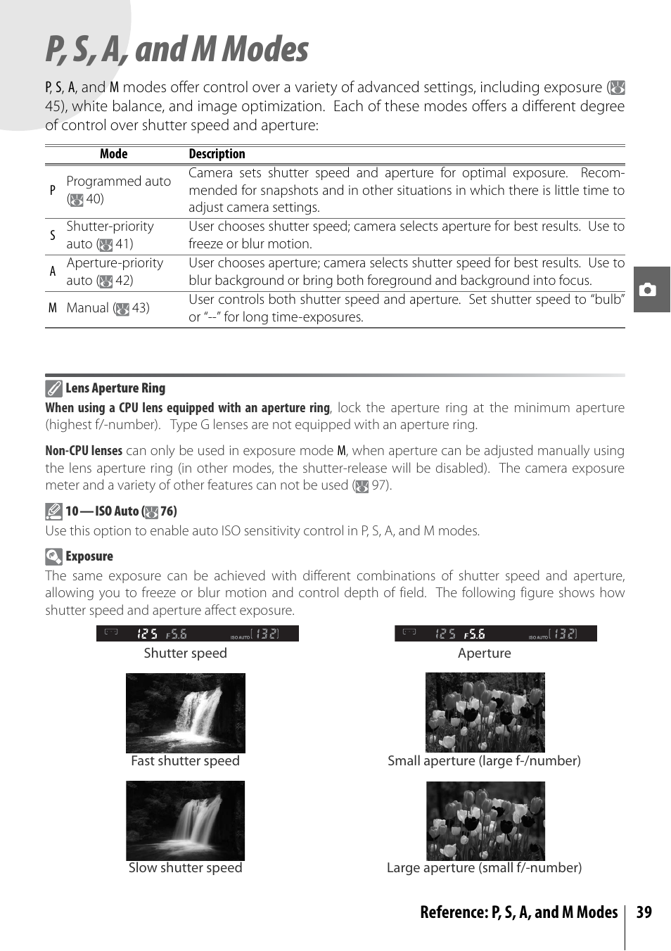 P, s, a, and m modes, Reference: p, s, a, and m modes 39 | Nikon D40 User Manual | Page 51 / 139