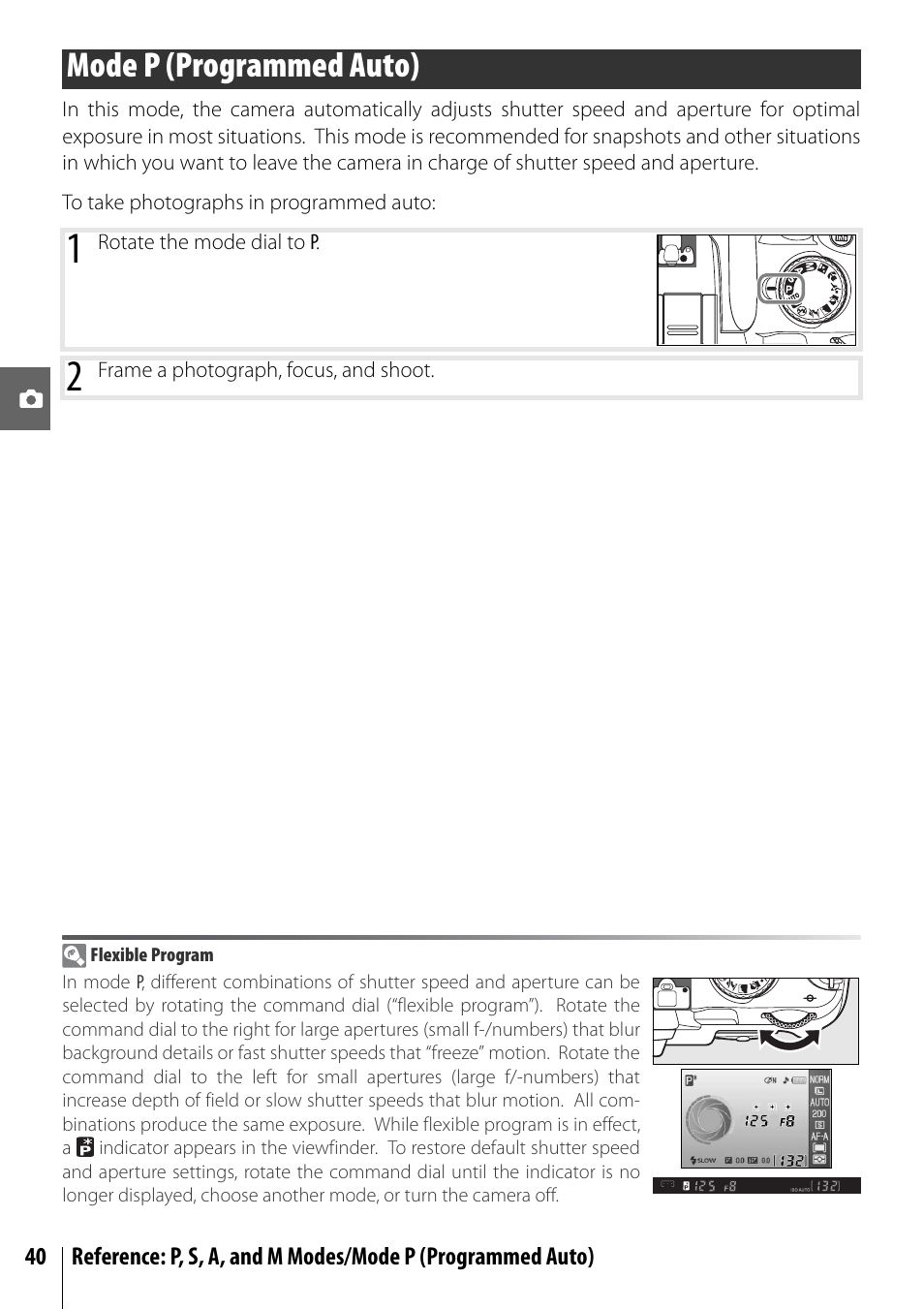 Mode p (programmed auto) | Nikon D40 User Manual | Page 52 / 139