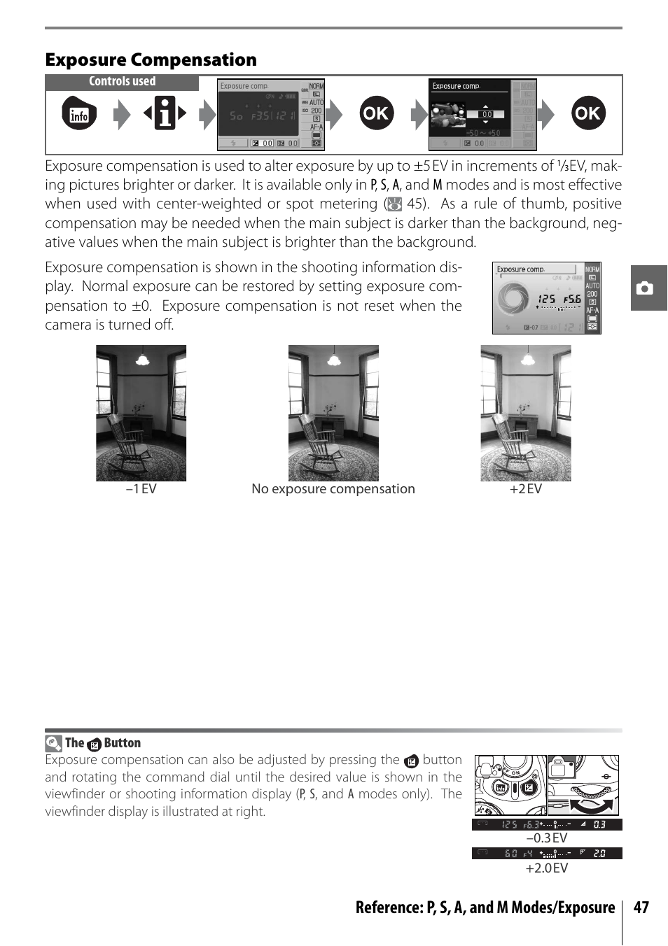 Exposure compensation, Reference: p, s, a, and m modes/exposure 47 | Nikon D40 User Manual | Page 59 / 139