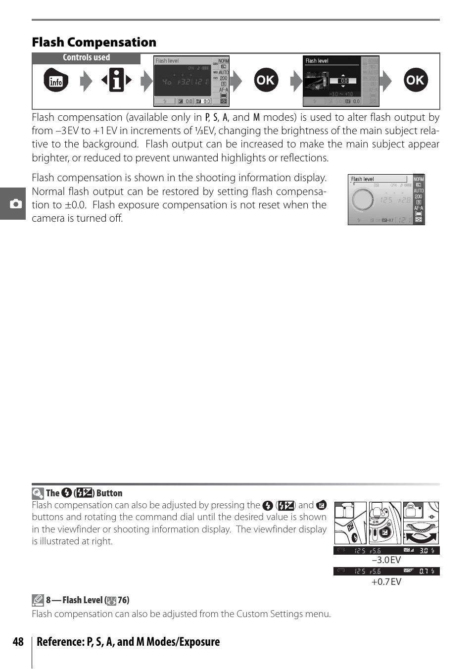 Flash compensation, 48 reference: p, s, a, and m modes/exposure | Nikon D40 User Manual | Page 60 / 139