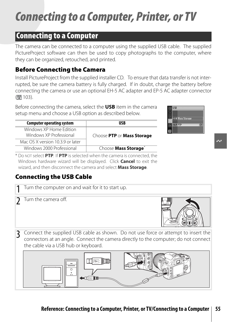 Connecting to a computer, printer, or tv, Connecting to a computer | Nikon D40 User Manual | Page 67 / 139
