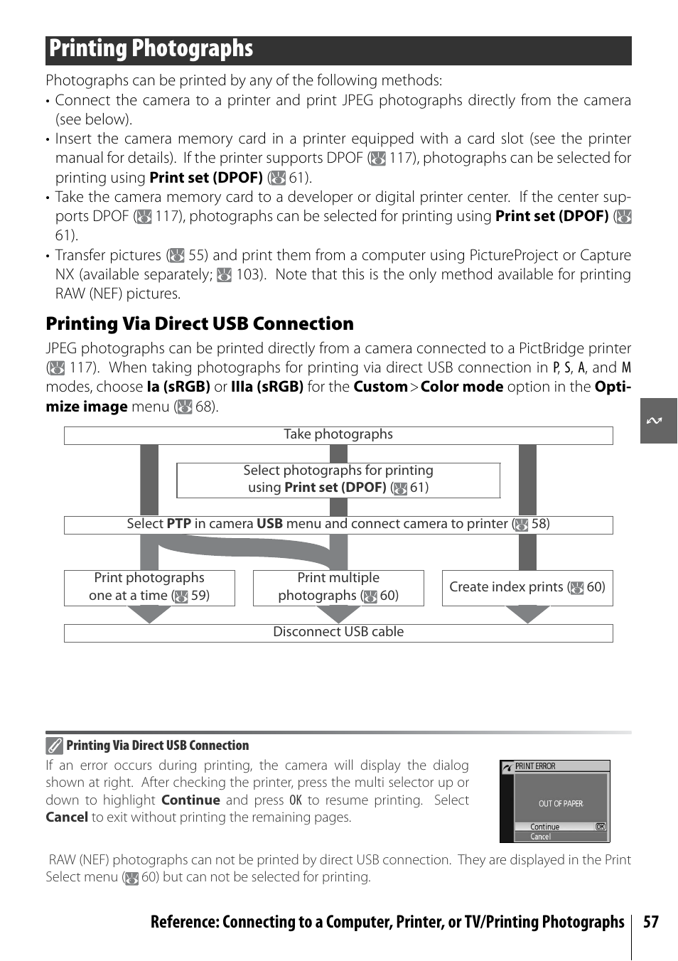 Printing photographs, Printing via direct usb connection | Nikon D40 User Manual | Page 69 / 139