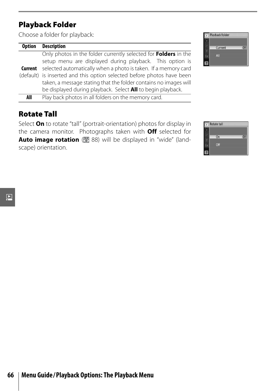Playback folder, Rotate tall, 66 menu guide/playback options: the playback menu | Nikon D40 User Manual | Page 78 / 139