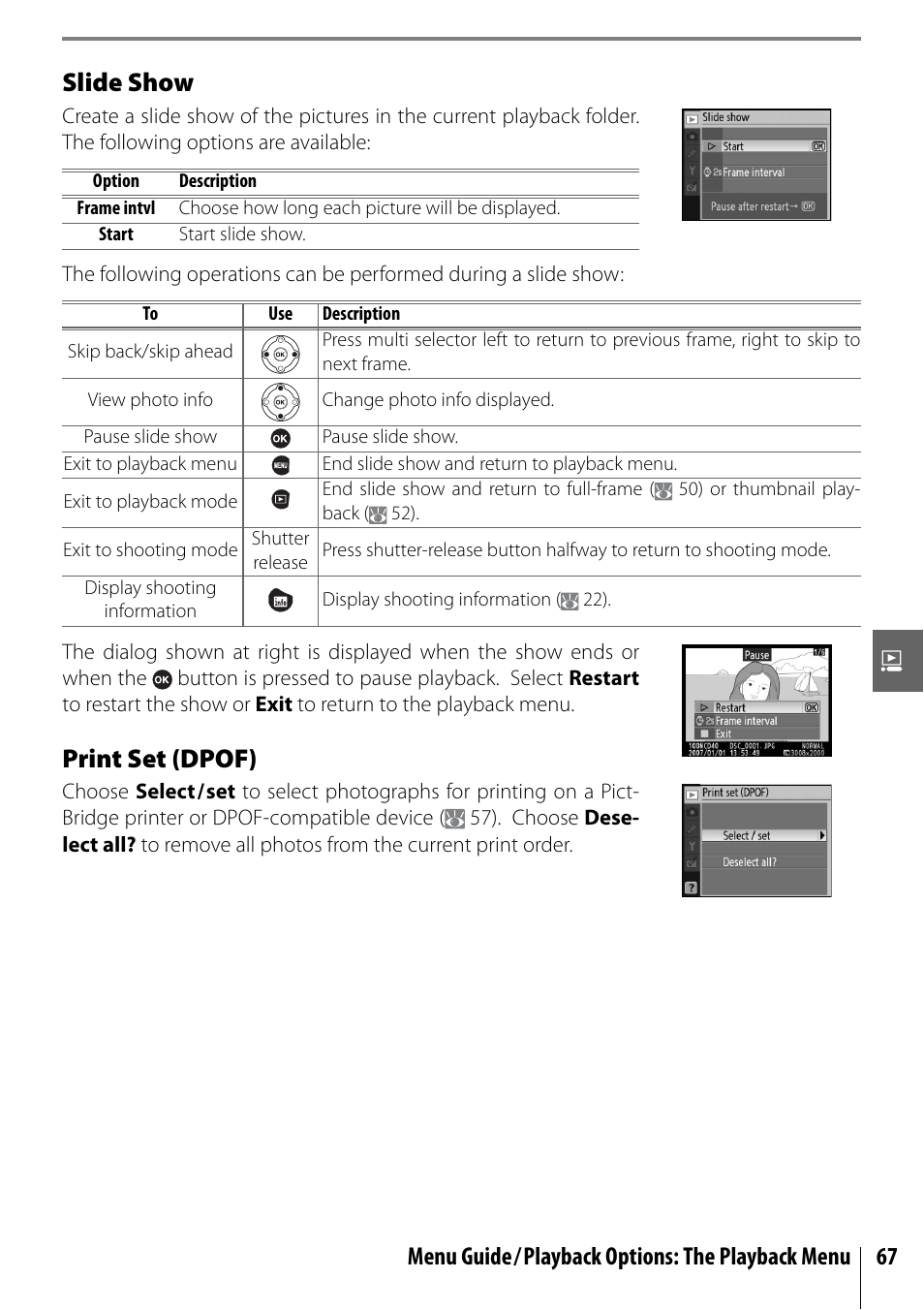 Slide show, Print set (dpof), Menu guide/playback options: the playback menu 67 | Nikon D40 User Manual | Page 79 / 139